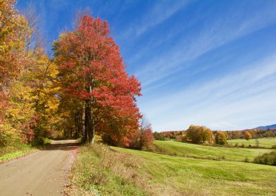 A rural Vermont dirt road lined with peak fall foliage in red, orange, and gold, opening to rolling green fields and distant mountains under a blue sky.